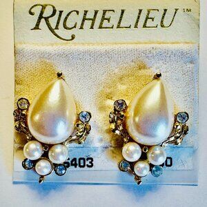 Vintage Richelieu Faux Pearl & Rhinestone Pierced Earrings